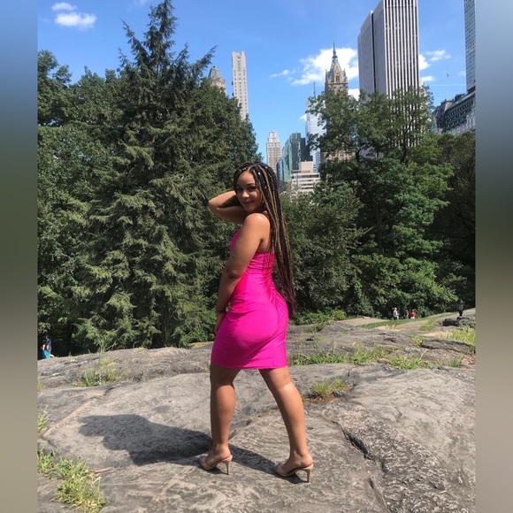 Shinestar Midi Dress Pink Spaghetti Straps V-Neck Medium Bodycon Summer Back Out - Picture 14 of 15